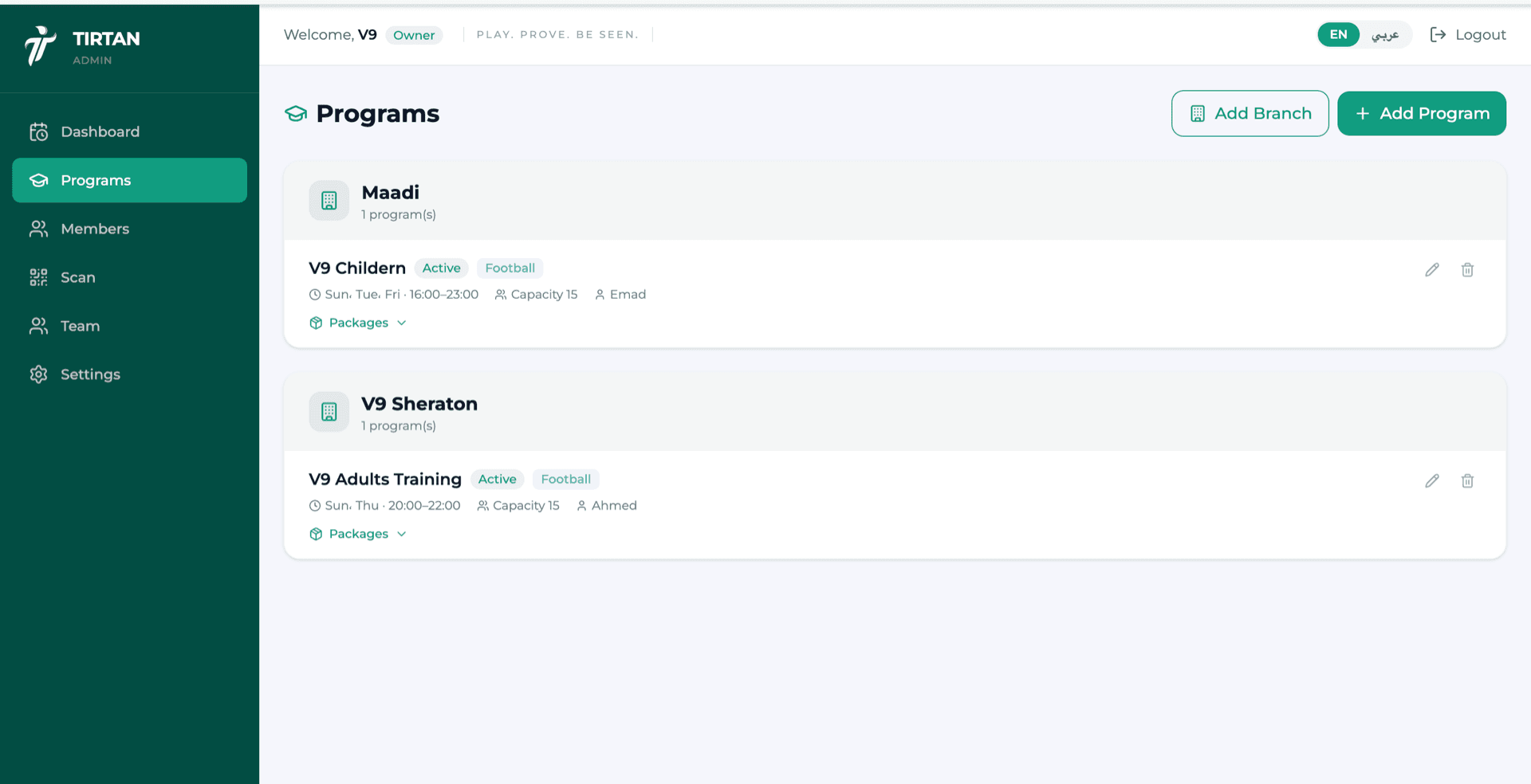 Academy programs — branches, programs with schedule, capacity, coach, and packages