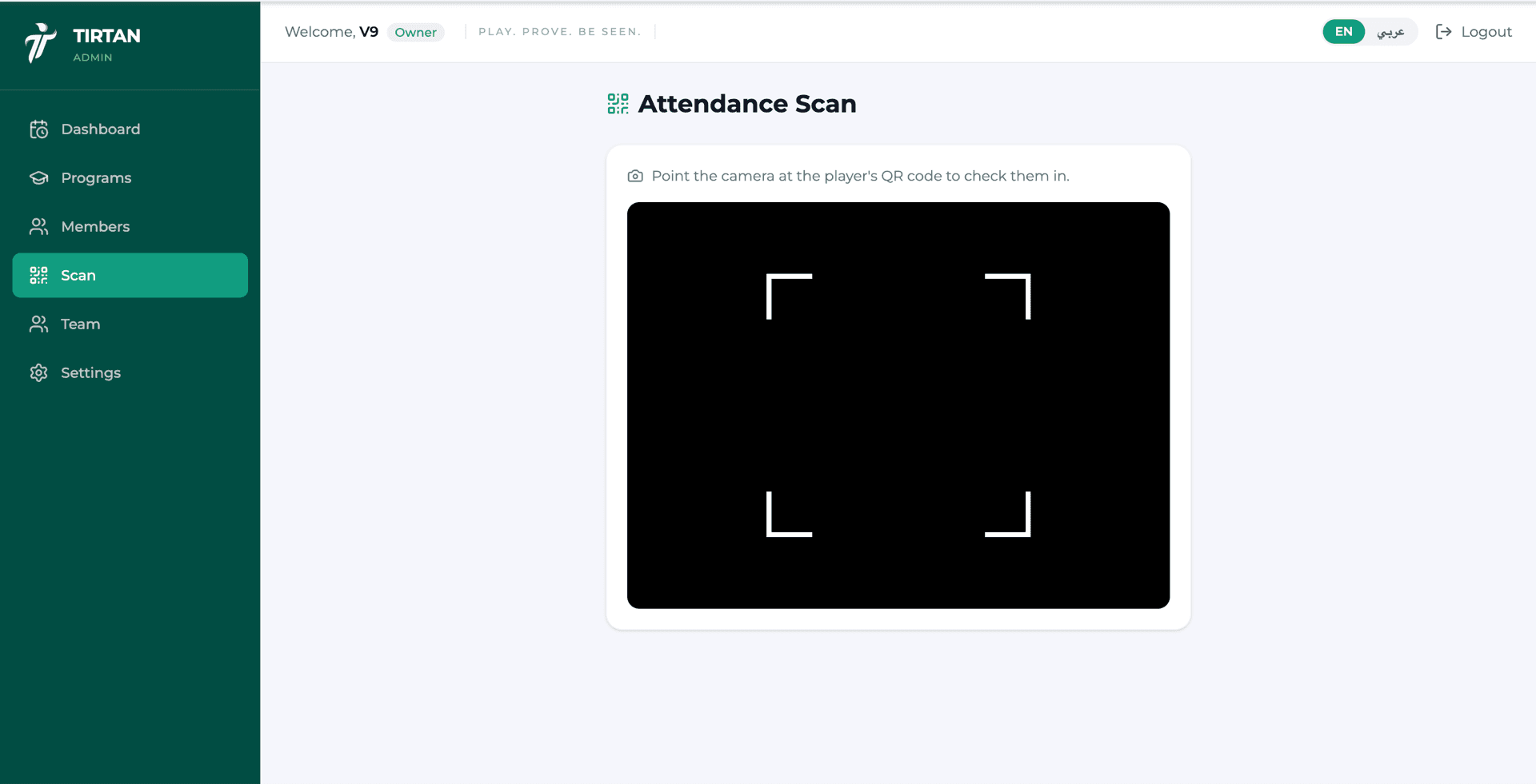 Academy attendance scan — point the camera at a player's QR code to check them in